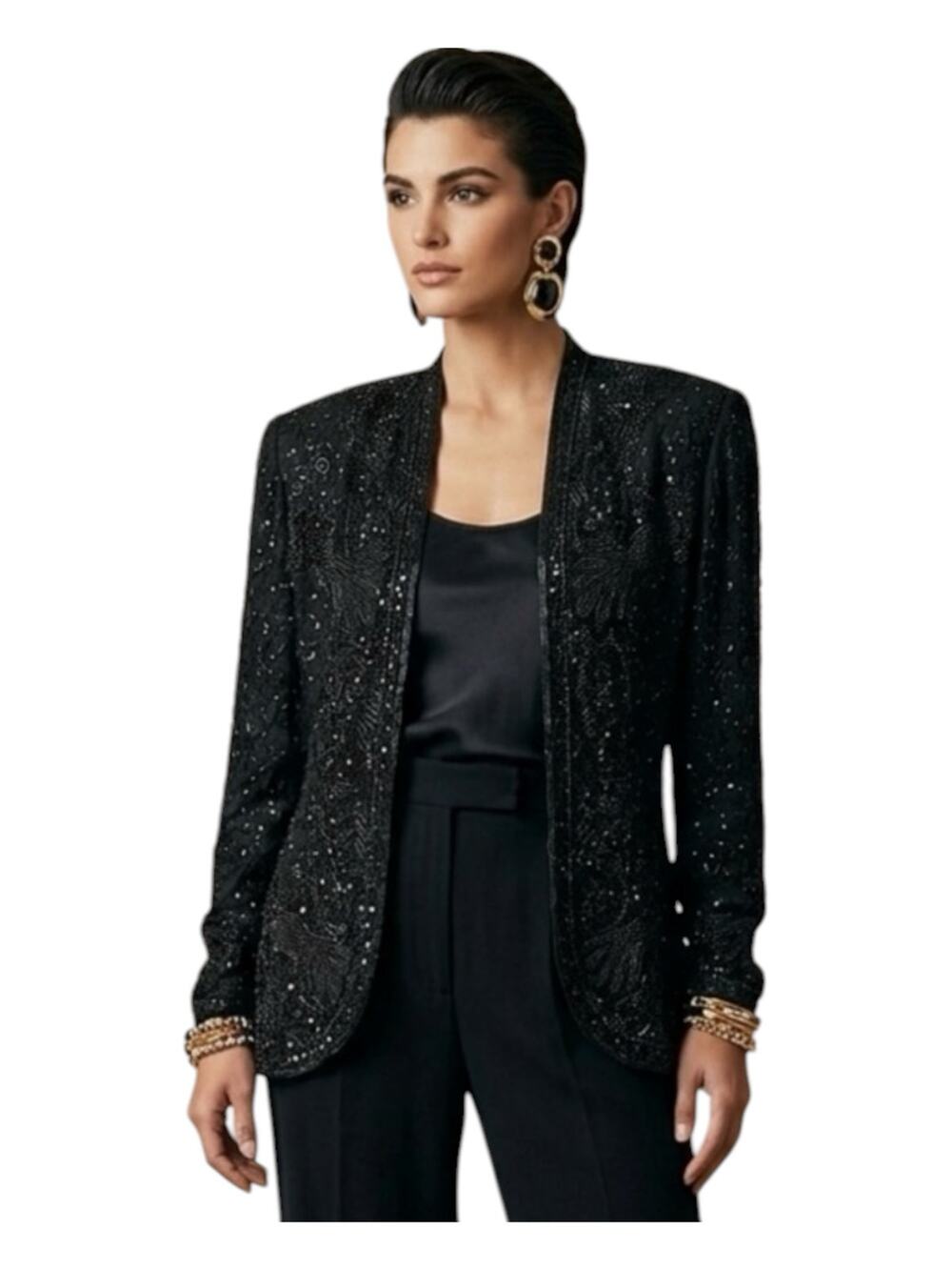 Niteline Della Roufogali Vintage 80's Beaded Silk Open Front Jacket Black Medium